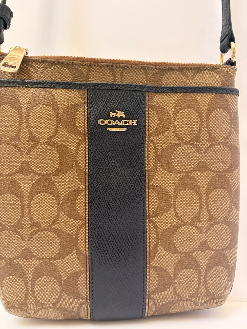 COACH Brown Signature Canvas Crossbody with NAVY Center Stripe - Picture 6 of 12